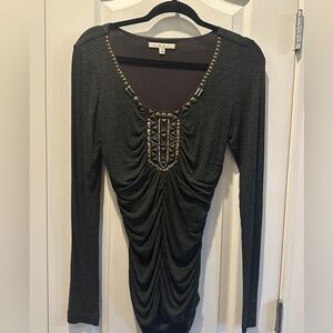 CAbi #158 Antoinette Ruched Embellished Shirt Top